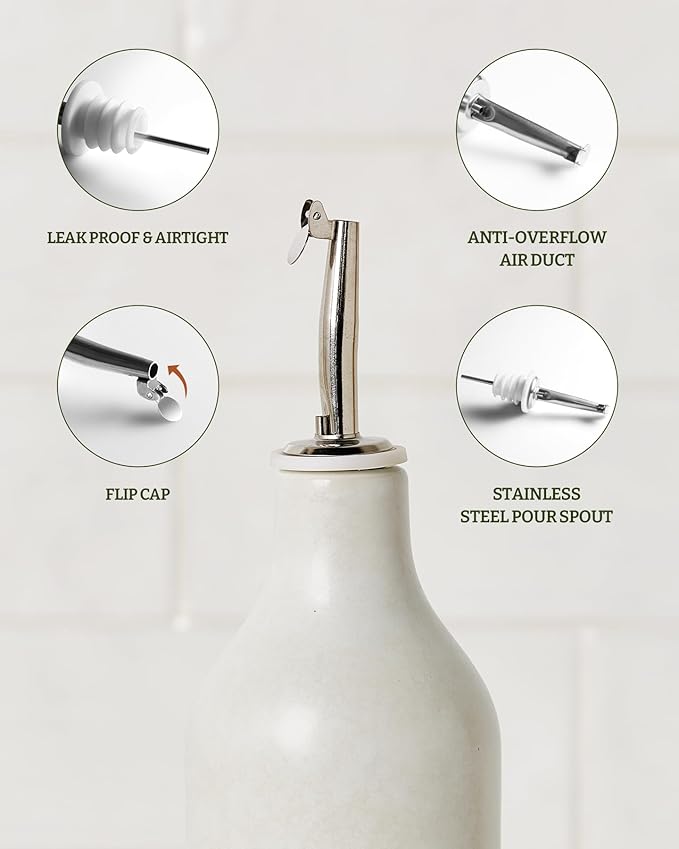 famiware Milkyway 16oz Ceramic Olive Oil Dispenser Bottle, 1 Piece Oil Dispenser for Kitchen with Stainless Steel Pourers, Suitable for Storage Vinegar, Soy Sauce, Coffee Syrup, Matte Beige White