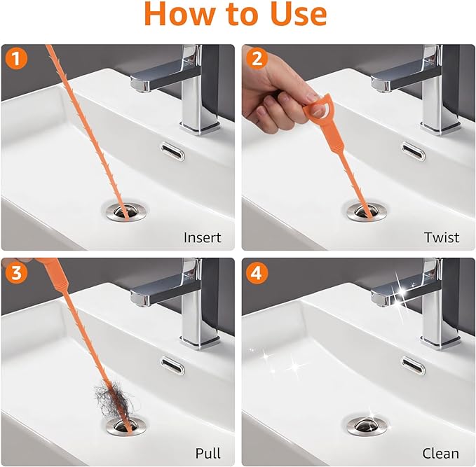 Drain Clog Remover Tool, 6 Pack with 5 Plastic and 1 Stainless Steel Drain Snakes, Hair Unclogger for Toilet, Kitchen Sink, Bathroom Tub
