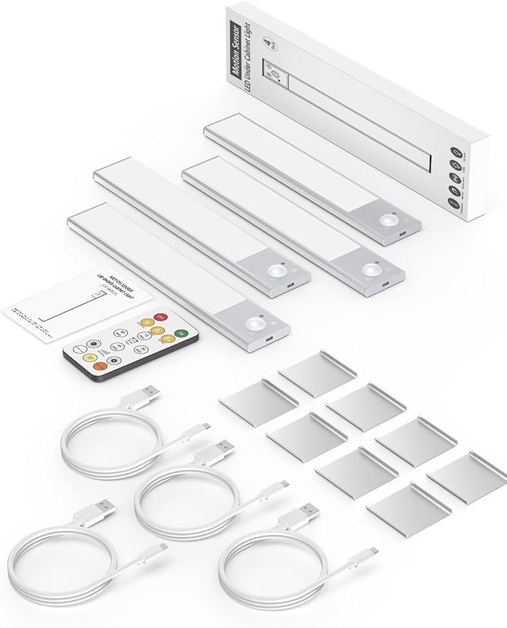 8" Ultra-Thin Under Cabinet Lighting Wireless, Aluminum Alloy Under Counter Lights for Kitchen, 3-Color-Temps Magnetic Closet Lights, Rechargeable Motion Sensor Light Indoor (4 Pack, Silver)