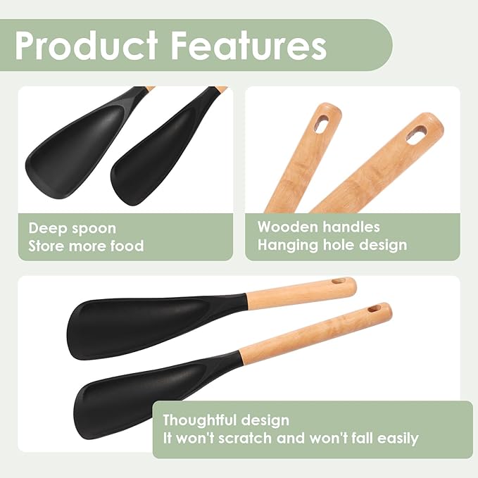 8Pack Silicone Cooking Spoons, Wooden Handle Spatula Spoon for Non-Stick Cookware, Black 4 Large 4 Small Heat Resistant Kitchen Utensils for Stirring, Scooping, Scraping, Dishwasher Safe