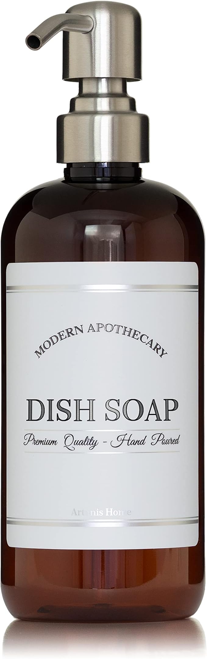 Amber PET Plastic Refillable Dish Soap Pump Bottle with 304 Grade Stainless Steel Pump, 16 oz Kitchen Dispenser with Chrome Accent Waterproof Modern Apothecary Label, Reusable Container