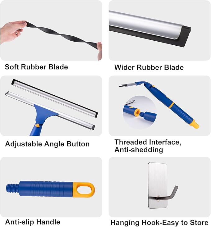 ITTAR 12 inch Rotatable Shower Squeegee for Glass Doors, Multi-Purpose Window Squeegee with Hook & Refill Rubber Blade
