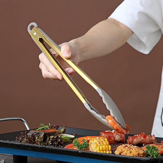 Gold Cooking Tongs, Berglander Heavy Duty Food Tongs For Cooking With Silicone Tips And Titanium Gold Plating Handle, Kitchen Tongs, Grill Tongs, Dishwasher Safe, Easy to Clean