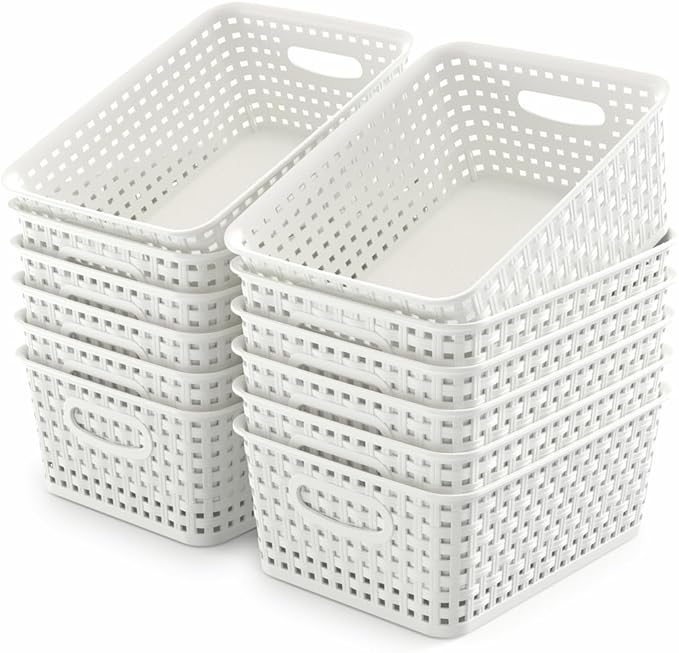 WYT 12-Pack Plastic Small Shelf Storage Weave Baskets for Organizing, White