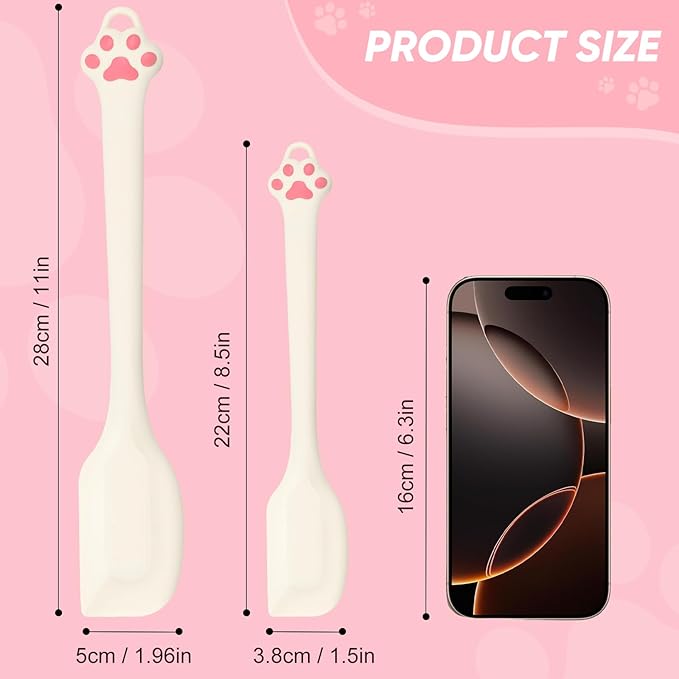 Cute Cat Paw Silicone Spatula Set - High Heat Resistant Rubber Scraper for Baking & Cooking, BPA-Free Non-Stick Kitchen Utensils, Adorable Cat Lover Gifts(2 Pack, 8.5" & 11" Mix, Cream)