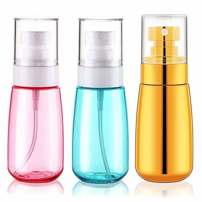 Cosywell Fine Mist Spray Bottle TSA Approved 3 Pack 2oz 60ml Leak Proof Travel Spray Bottle Empty Plastic Refillable Containers for Hair Perfume Toners Rose Water Cosmetics(Gold+Green+Pink)