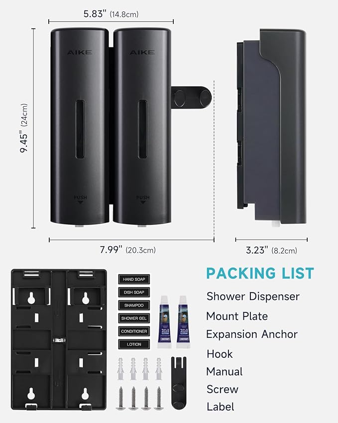 AIKE 2 Chambers Shower Shampoo and Conditioner Dispenser 2 x 11.8 fl.oz. for Bathroom(Dark Silver)