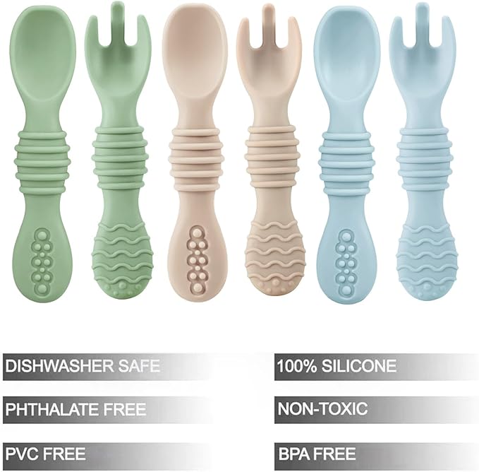 PandaEar 6 Pack Silicone Baby Spoons & Forks | Baby Feeding Set Self Feeding Utensils, Toddler Infant Feeding Spoon Forks BPA Free First Stage