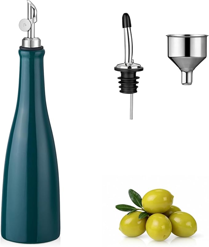 YOLIFE Olive Oil Dispenser Bottle, 20oz Ceramic Oil Dispenser for Kitchen, Oil Bottle with Gravity Spout, Leak Proof EVOO Dispensing Bottle with 2 Spouts and 1 Funnel for Vinegar, Juice(Green)