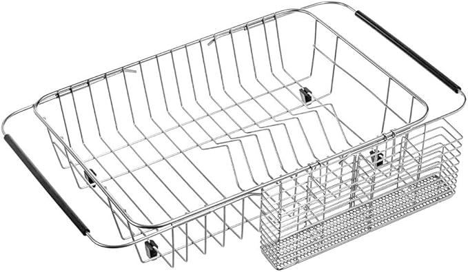 SANNO Expandable Dish Drying Rack,Large Dish Drainer Drainwith 4 Division Utensil Silverware Cutlery Holder, Expandable Dish Rack Shelf Dish Rack in Sink or Over Sink On Counter Stainless Steel