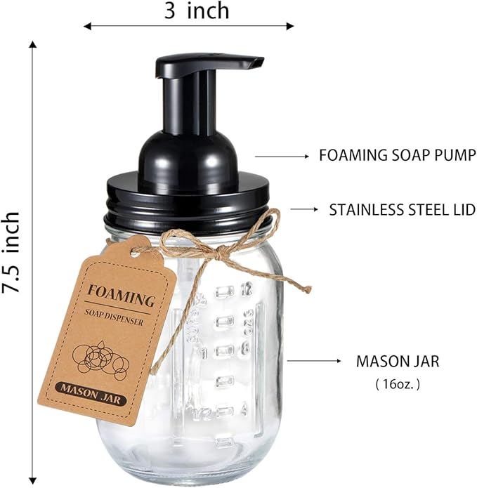 SheeChung Mason Jar Foaming Soap Dispenser-Rustproof Stainless Steel Lid & Foaming Soap Pump, Refill Foam Hand Soap Dispenser Glass for Bathroom Kitchen Vanities, Countertops-Black (2 pk)