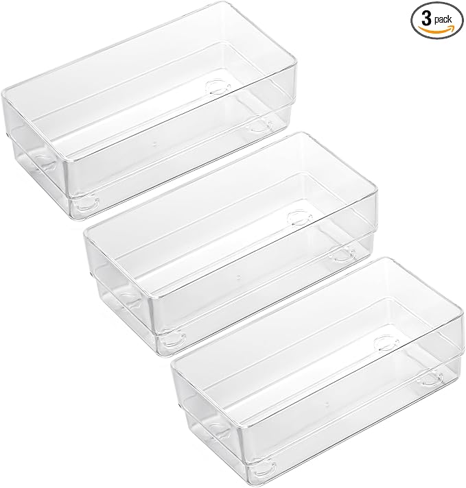 Clear Drawer Organizers, 6'' x 3'' x 2'', Set of 3