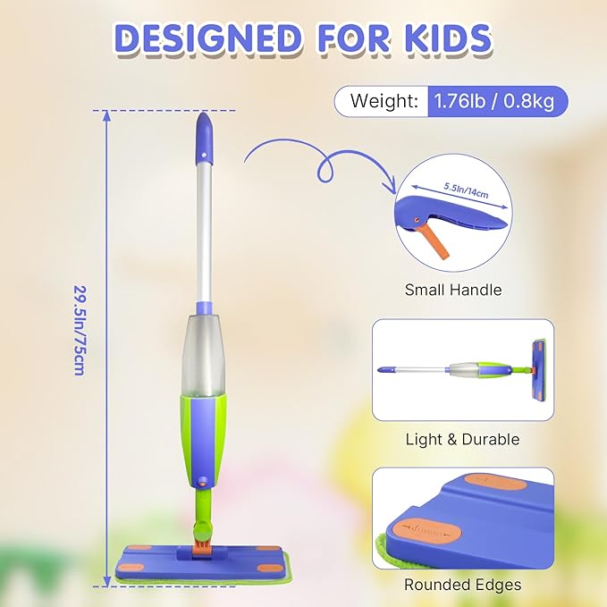 Kids Spray Mop that Really Works,Pretend Play Toddler Cleaning Set,Montessori Toys Cleaning Set for Ages 4-8, Water Sprayer & Scraper & 2 Washable Mop Pads, Housekeeping Toys Gifts for Kids Toddlers