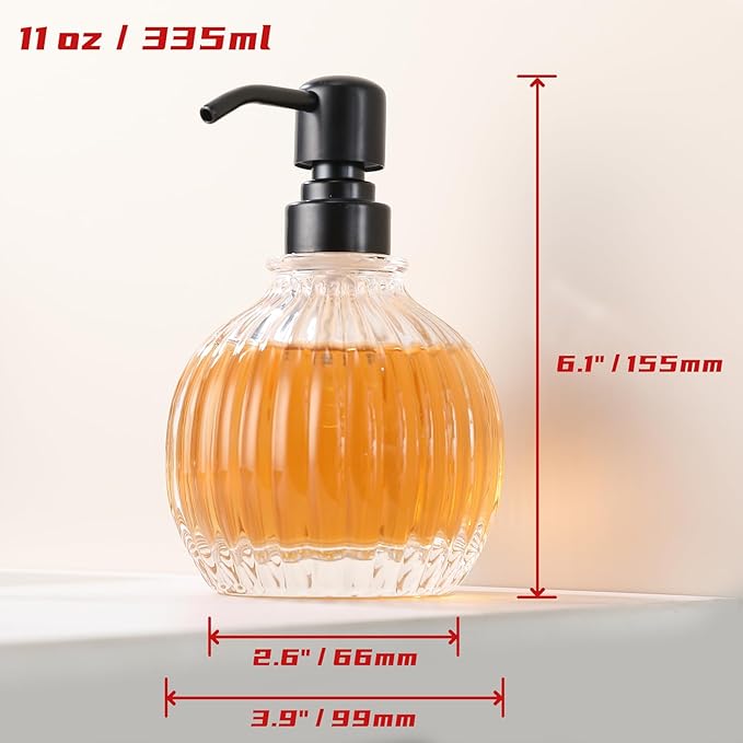 Round Soap Dispenser Bathroom with Black Pump, Glass Pump Bottle with Stainless Steel Pump Liquid Sphere Soap Dispenser Circular Countertop Kitchen