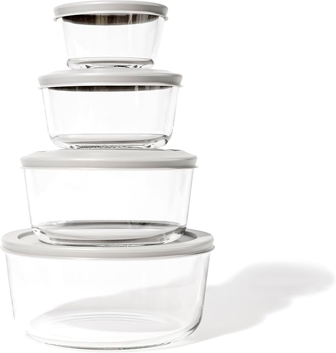 DURA LIVING 8-Piece Glass Food Storage Containers Set (4 Containers + 4 Lids) | Round, Nesting, Microwave & Dishwasher Safe | BPA-Free, Space-Saving