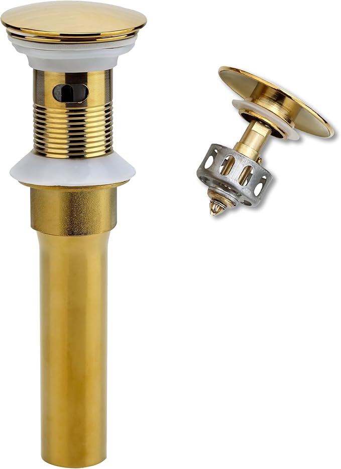 Rockgoya Bathroom Sink Drain, Gold Drain Stopper Bathroom Sink with Overflow,Pop Up Drain Assembly with Detachable Strainer Basket,Built-in Anti-Clogging Strainer,Stainless Steel
