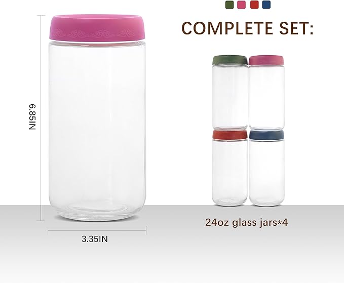 24 OZ Overnight Oats Jars with Lids 4 Pack, Glass Meal Prep Containers, Reusable Food Storage Jars, Airtight Mason Jars for Breakfast, Yogurt Parfait
