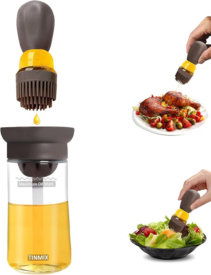 TINMIX Oil Dispenser with Brush - 2 IN 1 Glass Olive Oil Dispenser for Cooking, Upgrade T-OB21S Oil Dispensing Bottle with Silicone Basting Brush for Vinegar Sauce BBQ Grill Frying Kitchen, Brown