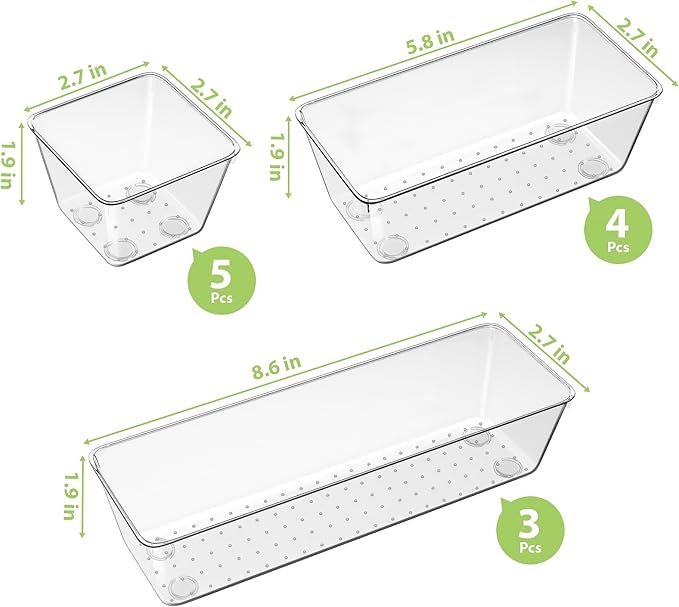 12 Piece Clear Drawer Organizer Set, 3 Sizes Bathroom Vanity Organizer Trays and Storage Bins for Makeup, Cosmetics, Jewelry, and Gadgets. Perfect for Office, Kitchen, Bedroom, Bathroom Use.