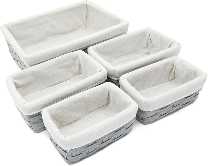 Wicker Nesting Baskets with Cloth Lining, 5-Pack Gray Rectangular Set