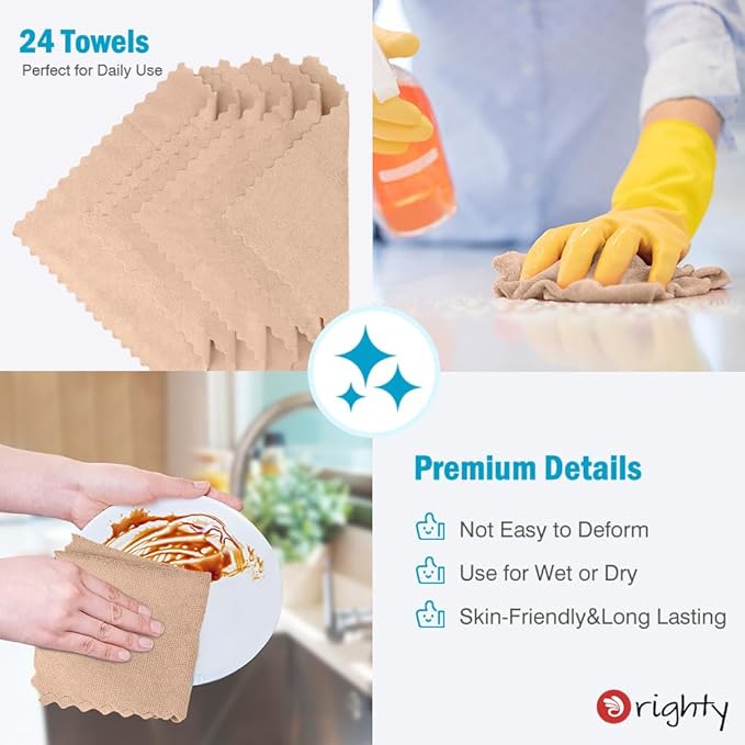 Orighty Microfiber Cleaning Cloth, 24 Pack Highly Absorbent Cleaning Supplies, Reusable Clean Rags for House, Microfiber Cloth for Kitchen, Window, Car Care, 11.5x11.5 inch Brown