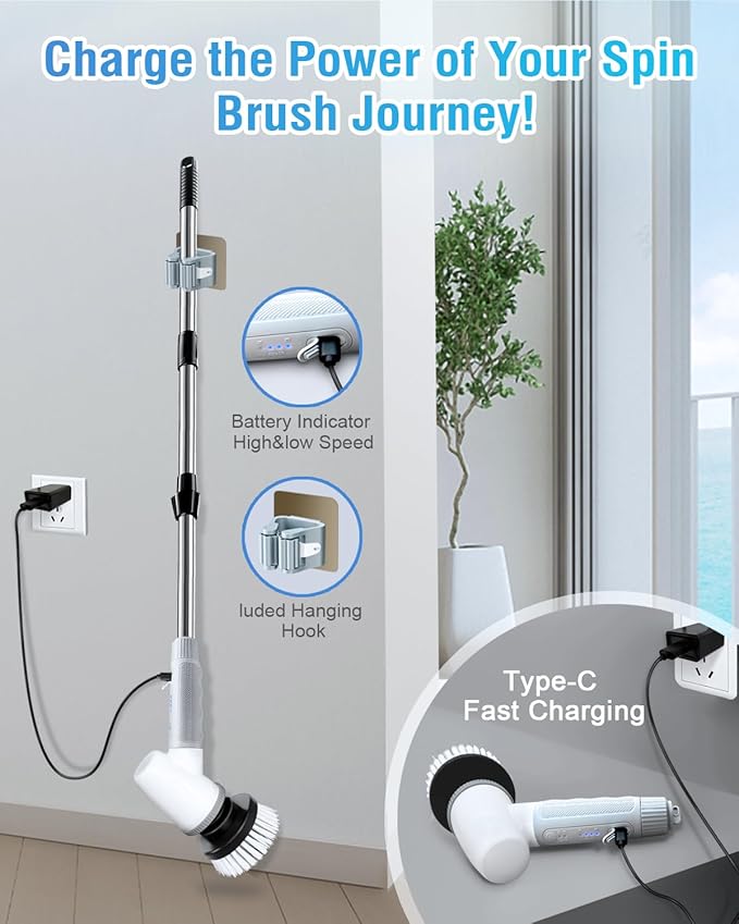 Electric Spin Scrubber Bathroom Scrubber - Cordless Shower Scrubber with Adjustable Handle, 2 Speeds, Bathroom Scrubber with 8 Replaceable Brush Heads, Power Scrubber for Bathroom Bathtub Cleaning