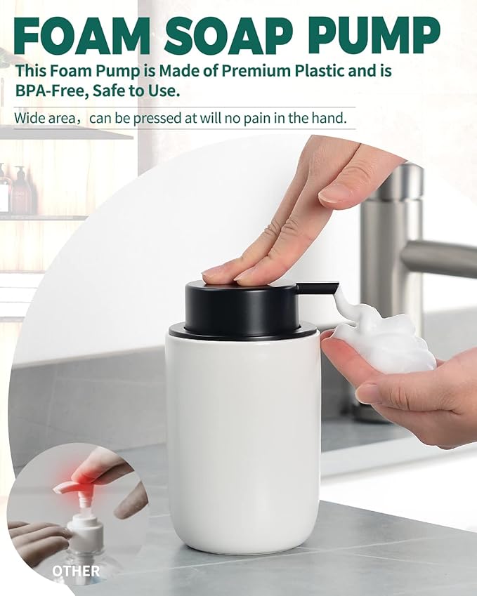 BosilunLife Foaming Soap Dispenser - Ceramic White Soap Dispenser Bathroom Small Foam Hand Dispenser Refillable Kitchen Dish Soap Bottle Hand Wash Dispenser