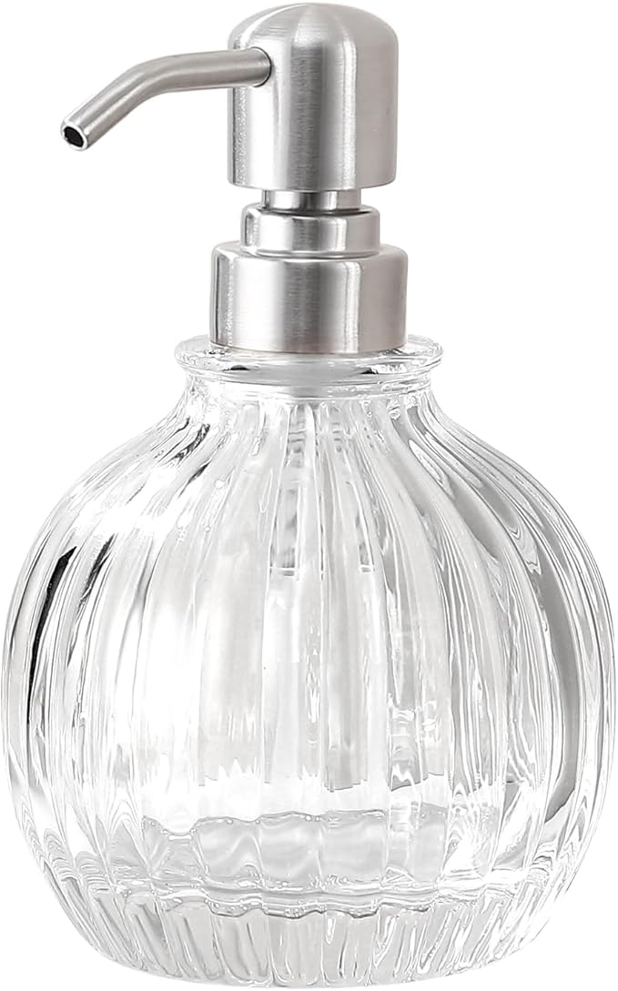 Round Bathroom Soap Dispenser Brushed Nickel Pump, Glass Bottle with Stainless Steel Pump Liquid Soap Dispenser Sphere Countertop Hand Kitchen