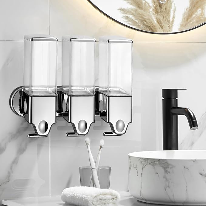 No-Drill 3 Pack 500ml Wall Mounted soap Dispenser for Bathroom and Kitchen, Shampoo and Conditioner Dispenser Drill Free with Adhesive (Clear-3)