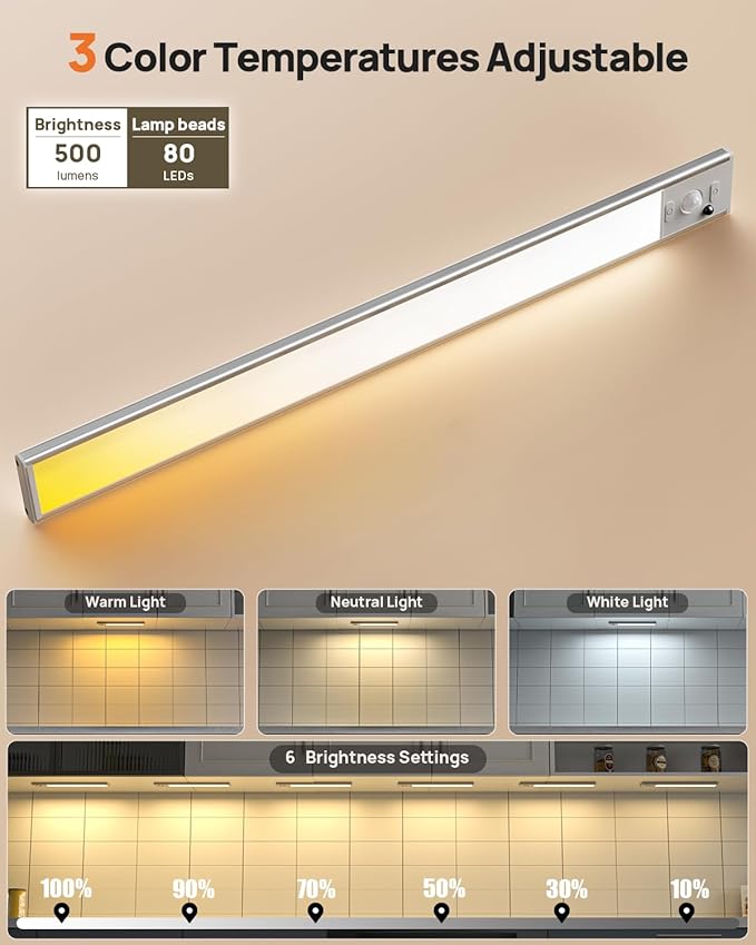 16inch Under Cabinet Lighting with Remote, LED Motion Sensor Light Indoor, 4000mAh Rechargeable Closet Lights, 3 Color Temps Wireless Under Counter Lights for Kitchen, Pantry, Stair, 2 Pack