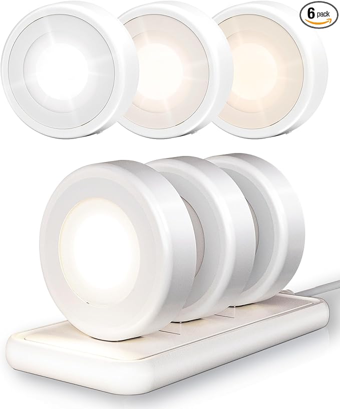 EZVALO LED Puck Lights with Charging Station, Rechargeable Stick On Tap Lights, Wireless Closet Light, 3 Color Temps, Under Cabinet Lights, 2.5'' Mini Touch Light for Kitchen,Pantry,Shelves(6 Pack)