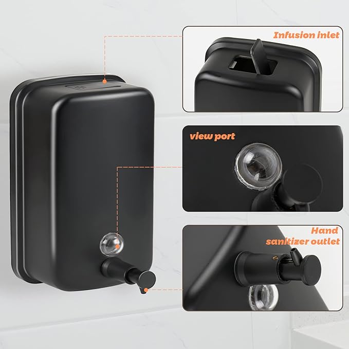 WEWABABY Wall Mount Soap Dispenser, 500 ml Black Metal for Bathroom & Kitchen