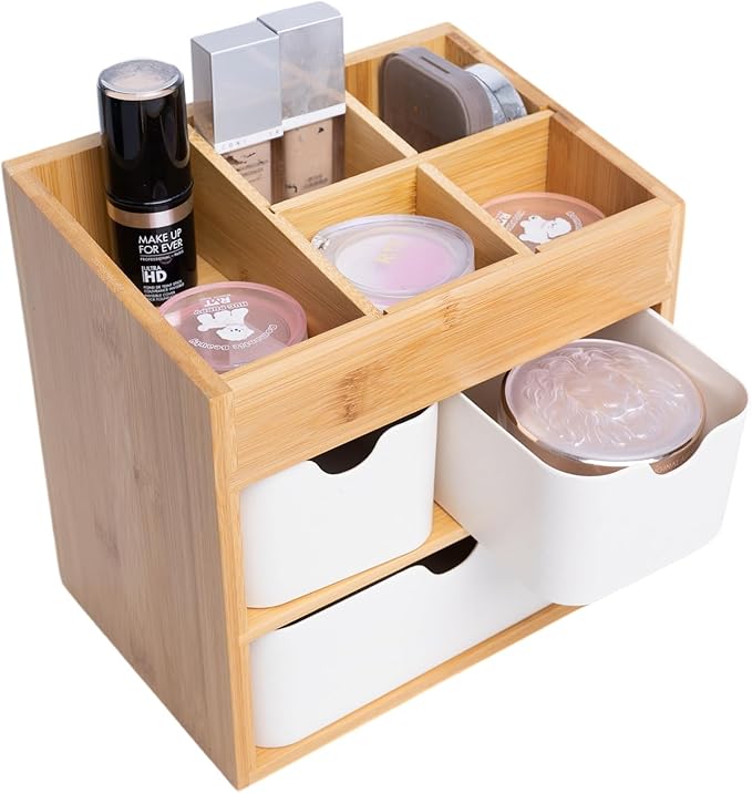 Bamboo Makeup Organizer with 3 Drawers, Dresser Cosmetic Organizer Box