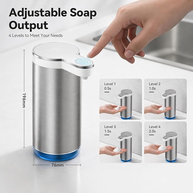 Automatic Foaming Soap Dispenser, 11.8 oz Stainless Steel Touchless Soap Dispenser with Digital Display for Bathroom & Kitchen,4-Level Adjustable Dispensing, IPX5 Waterproof