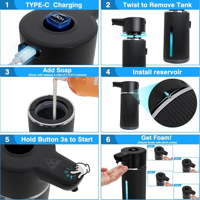 Touchless Automatic Soap Dispenser for Kitchen and Bathroom, Liquid Hand Soap Dispenser, Water-Resistant and Rechargeable, 14.2oz/420ml ，Intelligent Digital Display，4-Level Adjustable,Modern
