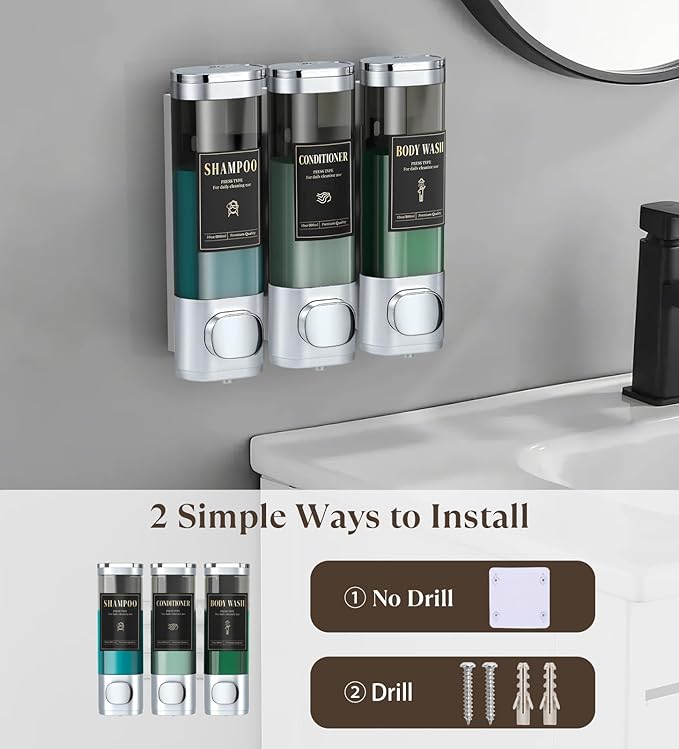 Luxspire Shampoo and Conditioner Dispenser, No Drill Wall Mounted Shower Soap Dispenser 3 Chamber with Waterproof Labels, Easy Refill Soap Dispenser for Bathroom Hotel Kitchen, Silver