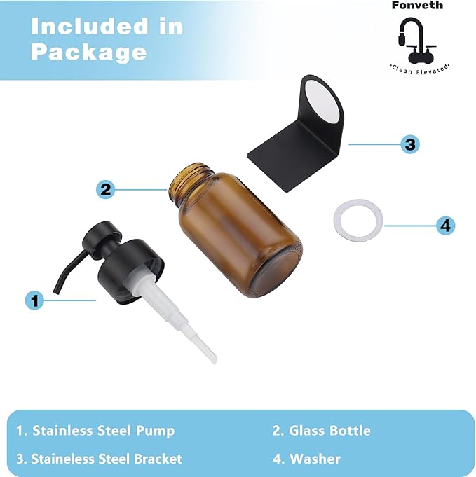 Glass Soap Dispenser, Soap Dispenser Drill Free Wall Mount, Thick Glass Amber Bottle Wall Mount, Round Bottles Dispenser with Rustproof Pump Black Pump Head