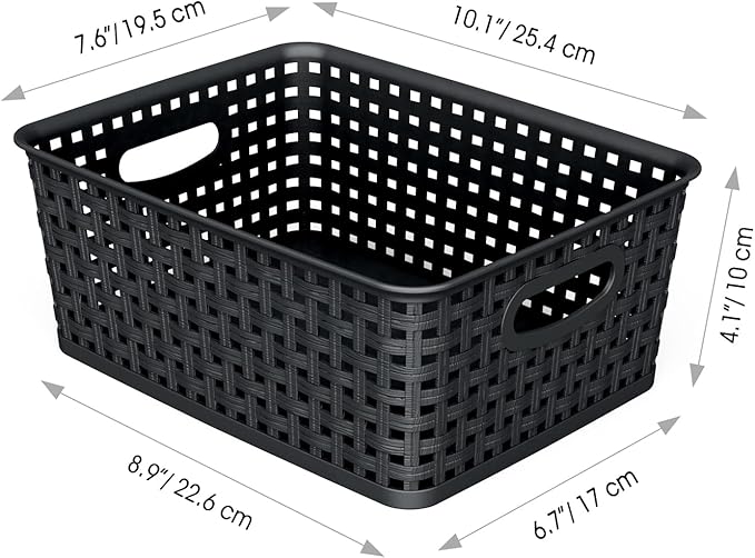 WYT Woven Storage Organizer Basket, 6-Pack Black Plastic Weave Baskets, 10.1 x 7.55 x 4.1