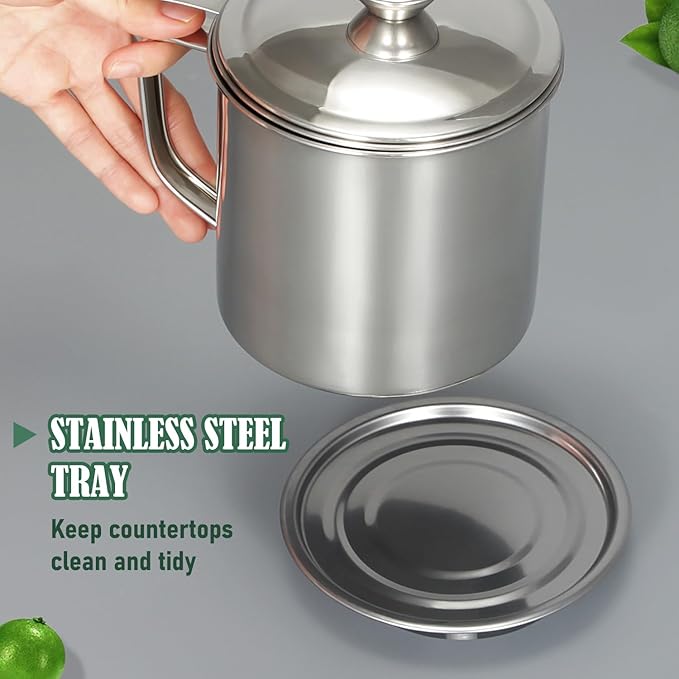 Tellshun Bacon Grease Container with Strainer 1.25 L / 42 oz Strong Kitchen Catcher Food-grade Stainless Steel Cooking Oil Keeper with Lid and Easy-Grip Handle Suitable for Storing Frying Oil