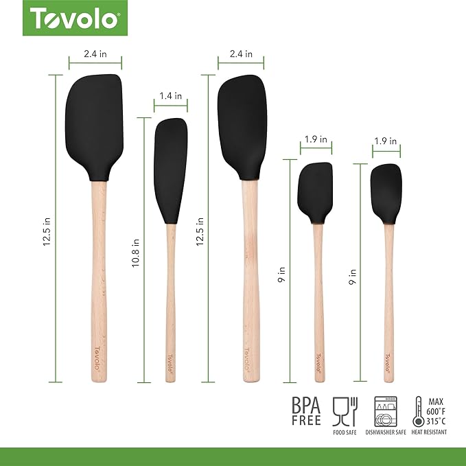Tovolo Silicone Spatula with Wooden Handle Set of 5 Piece Silicone Kitchen Utensil Set Spoonula Jar Scraper Mini Spatula and Spoonula for Cooking Baking Mixing Folding Black Cookware Set