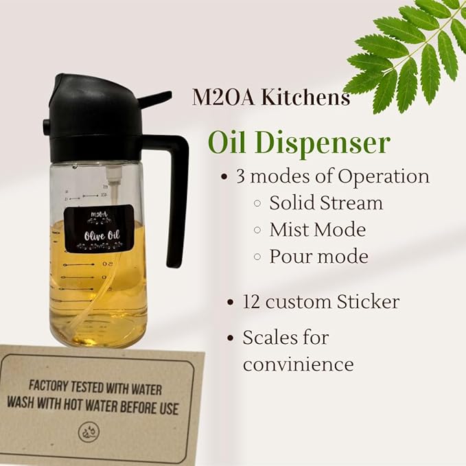 M2OA Glass Oil Sprayer with Dual Function, Green, 16oz/470ml, Premium BPA-Free Oil Dispenser Bottle for Cooking, Scales to keep track of measure, Salad, BBQ (Black)