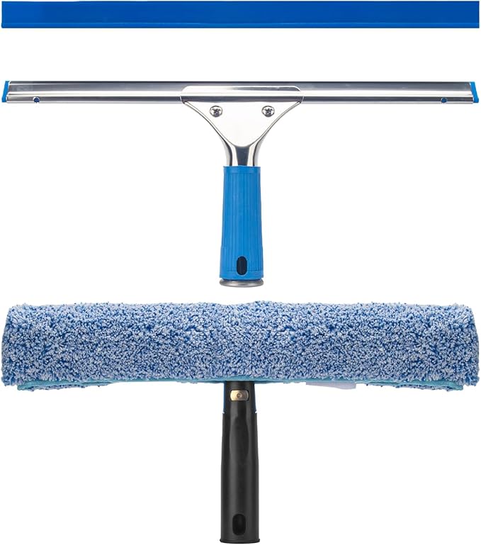 Professional Window Cleaning Kit, 14" Rubber Squeegee with 15" Microfiber Scrubber, Window Cleaning Tool for Home