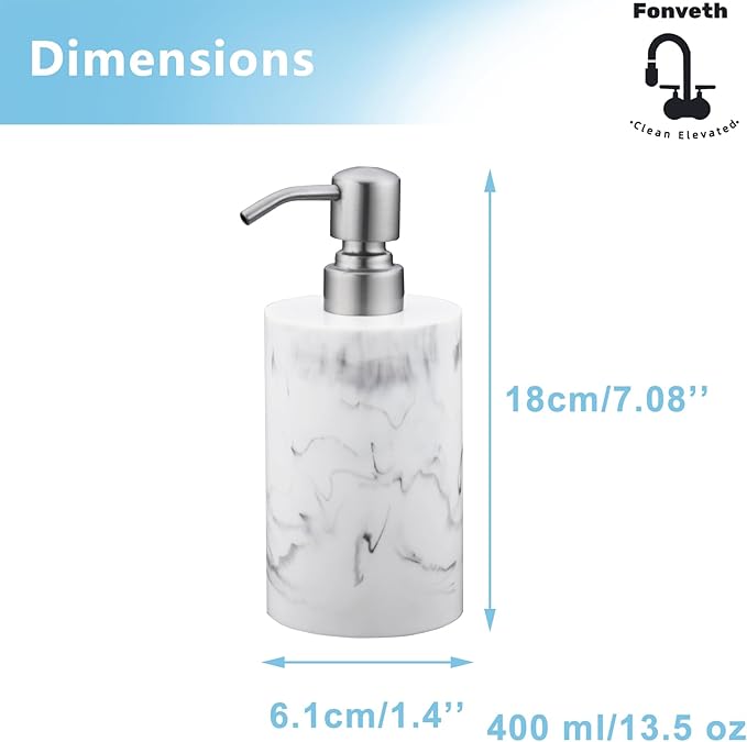 Hand Soap Dispenser White Marble for Bathroom Kitchen, 13.5oz Resin Bottle with Brushed Nickel Stainless Steel Pump, Cylindrical Bottle Countertop - for Liquid Soap, Lotion and Dish Soap