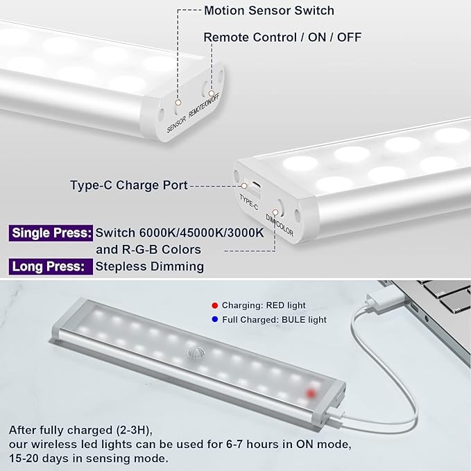 Under Cabinet Lights Wireless, 58-LED Rechargeable Motion Sensor Closet Lights with Remote Control, RGB Color Changing Under Counter Lights for Kitchen, Pantry, Bedroom, Stairs, 4 Pack