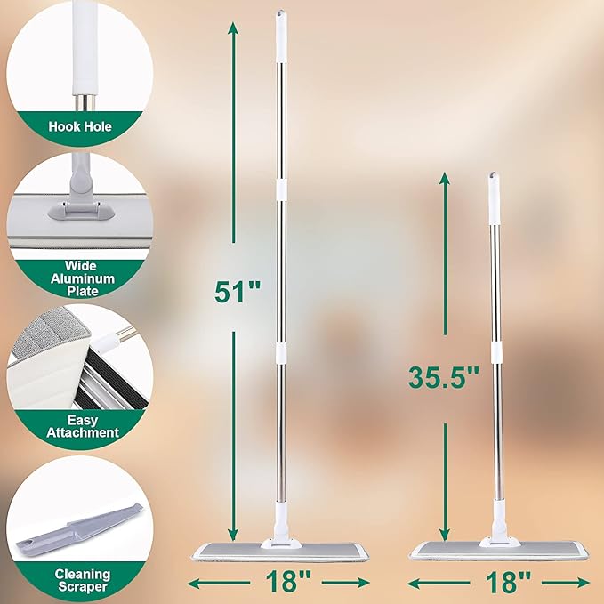 18" Professional Microfiber Mop Floor Cleaning System, Flat Mops with Stainless Steel Handle, 4 Reusable Washable Mop Pads, Wet and Dust Mopping for Hardwood, Vinyl, Laminate (White&Grey)
