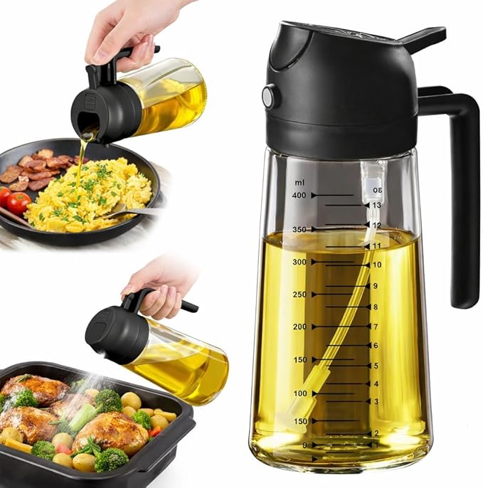 16oz/470ml Glass Olive Oil Sprayer for Cooking, 2 in 1 Oil Dispenser for Kitchen Gadgets, Food Grade Premium Spray Bottle with Portion Control for Salad, Frying