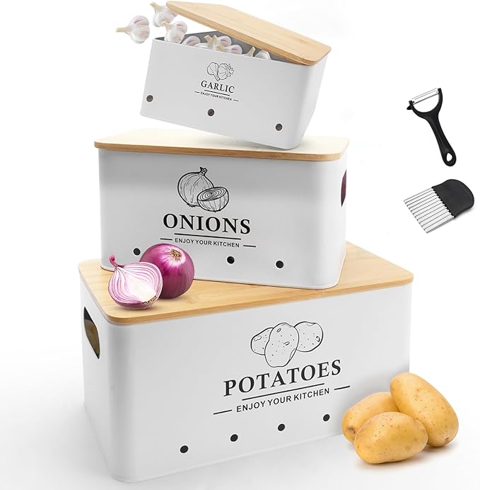Kitchen Vegetable Storage Set of 3, Metal Onion Garlic Potato Storage Set, Kitchen Canisters Vegetable Keeper Containers with Aerating Holes and Wooden Lid (White)