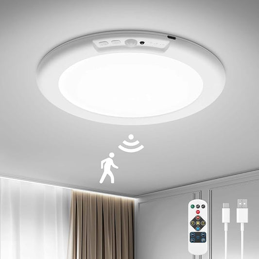 Bojim Wireless Ceiling Light Fixture Rechargeable Battery Operated Waterproof Lights for Shower Indoor, Motion Sensor Adhesive Magnetic Mount Overhead with Remote for Closet Bathroom Pantry