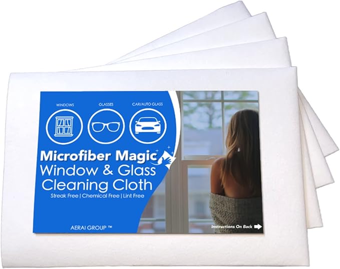 Microfiber Magic 4 Pack Glass & Mirror Cleaning Cloths - Streak Free, Lint Free, Perfect for Cars & Windows