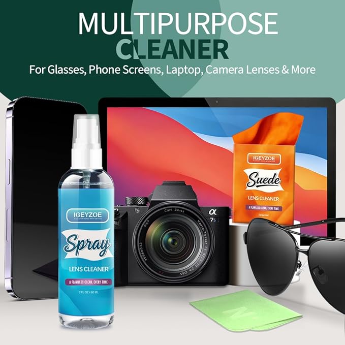 Eyeglass Lens Cleaner Spray Kit - (2x2oz) Glasses Cleaner Bottle + (4X) Microfiber Cloth 6.9"×5.7", Alcohol Free Eyeglasses, Screen